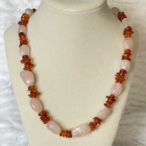 Handcrafted Rose Quartz & Amber Chip Necklace Natural Stone Statement